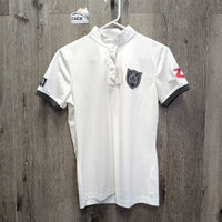 LS Polo Show Shirt, 1/3 Button up, Button Collar *vgc/gc, older, mnr seam threads, crinkled & puckered collar
