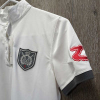 LS Polo Show Shirt, 1/3 Button up, Button Collar *vgc/gc, older, mnr seam threads, crinkled & puckered collar
