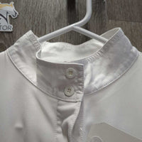 LS Polo Show Shirt, 1/3 Button up, Button Collar *vgc/gc, older, mnr seam threads, crinkled & puckered collar
