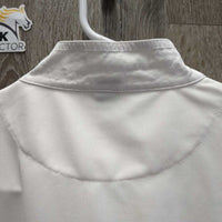 LS Polo Show Shirt, 1/3 Button up, Button Collar *vgc/gc, older, mnr seam threads, crinkled & puckered collar

