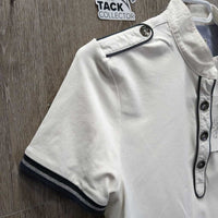 LS Polo Show Shirt, 1/3 Button up, Snap Collar *gc/fair, older, v.rubbed & pilly, dingy,crinkled & puckered collar
