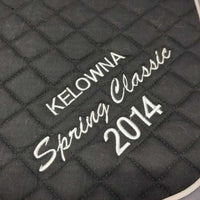 Quilt Jumper Saddle Pad, piping "Kelowna 2014" *gc, clean, hairy, faded, holey, rubs, pills, older
