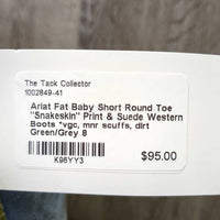 Short Round Toe "Snakeskin" Print & Suede Western Boots *vgc, mnr scuffs, dirt
