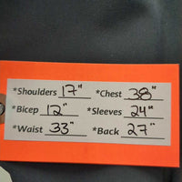 Technical Show Jacket, microsuede collar, zipper *vgc, clean, cut tags, mnr dirt?stain, creases, seam puckers, pit stains
