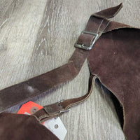 Suede Full Chaps *gc/fair, dirty, dry, stiff, rubs, stains, film, faded, stretched knees
