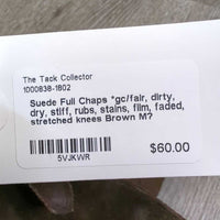 Suede Full Chaps *gc/fair, dirty, dry, stiff, rubs, stains, film, faded, stretched knees
