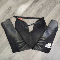 Suede Full Chaps *gc, faded, stains, rubs, cut tag, v.rubbed, dry, stiff
