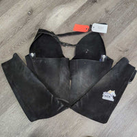 Suede Full Chaps *gc, faded, stains, rubs, cut tag, v.rubbed, dry, stiff

