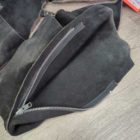 Suede Full Chaps *gc, faded, stains, rubs, cut tag, v.rubbed, dry, stiff
