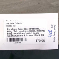Euro Seat Breeches, Bling *fair, peeling stickies, missing bling, torn/slices, pulled seam, waist: puckers & stains
