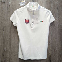 SS Polo Show Shirt, 1/4 Button Up, Snap Collar "Young Riders, Grant" *gc, mnr stains & seam rubs
