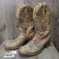 Square Toe "Crackle Rose" Western Boots *vgc/gc, clean, mnr film, stains & edge & thread rubs, rundown heels
