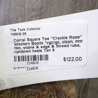 Square Toe "Crackle Rose" Western Boots *vgc/gc, clean, mnr film, stains & edge & thread rubs, rundown heels
