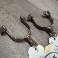 Antique Style Western Rowel Spurs, Tooled sides *gc, clean, rubs, faded, scratches, scuffs, caked mud

