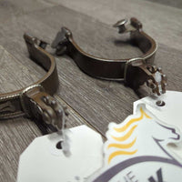 Antique Style Western Rowel Spurs, Tooled sides *gc, clean, rubs, faded, scratches, scuffs, caked mud
