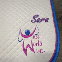 Quilt Jumper Saddle Pad, Padded Wither "Just World" *gc, dingy, clean, rubs, stains, pills, puckers, older, unstitched seams
