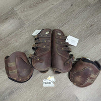 Open Front & Hind Boots, neoprene velcro liners, tabs *gc, rubs, scrapes, unstitched seam, pilly & scraped edges, stain, older

