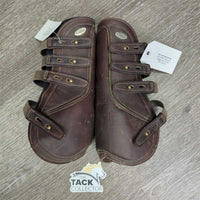 Open Front & Hind Boots, neoprene velcro liners, tabs *gc, rubs, scrapes, unstitched seam, pilly & scraped edges, stain, older

