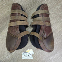 Open Front & Hind Boots, neoprene velcro liners, tabs *gc, rubs, scrapes, unstitched seam, pilly & scraped edges, stain, older
