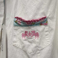 LS Show Shirt, Snap Collar *gc, dingy, crinkled, v.folded Collar, Edges & Trim, seam puckers, faded logo
