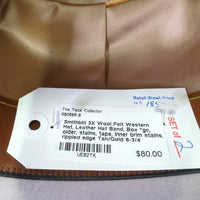 3X Wool Felt Western Hat, Leather Hat Band, Box *gc, older, stains, tape, inner brim stains, rippled edge
