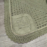 Set of 7: Microsuede Dressage Saddle Pad; Crochet Bonnet; 4 Polos & bag *vgc/xc, clean, mnr hair & rubs
