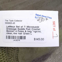 Set of 7: Microsuede Dressage Saddle Pad; Crochet Bonnet; 4 Polos & bag *vgc/xc, clean, mnr hair & rubs
