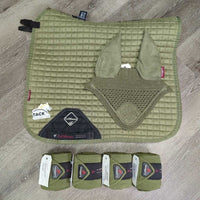 Set of 7: Microsuede Dressage Saddle Pad; Crochet Bonnet; 4 Polos & bag *vgc/xc, clean, mnr hair & rubs
