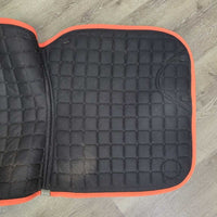 Thick Quilt Dressage Saddle Pad, x2 piping, tabs *vgc, clean, threads, mnr faded, rubs, stains & pills, curled corner
