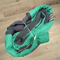 Med Quilt Winter Stable Blanket, 2 legs *gc/fair, clean, repairs, pills, rubs, hair, faded, torn/missing tail flap, snags
