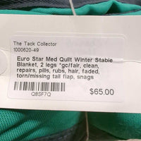 Med Quilt Winter Stable Blanket, 2 legs *gc/fair, clean, repairs, pills, rubs, hair, faded, torn/missing tail flap, snags
