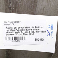 SS Show Shirt, 1/4 Button Up, bling *vgc,/gc pulled sleeve seam-L, older?, faded tag, mnr seam puckers, mnr stains
