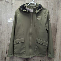 Light Soft Shell Jacket, Zip Off Hood "Spruce Meadows 45 Yrs" *xc/vgc, clean, mnr clumpy, seam puckers & hair
