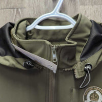 Light Soft Shell Jacket, Zip Off Hood "Spruce Meadows 45 Yrs" *xc/vgc, clean, mnr clumpy, seam puckers & hair
