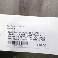 Light Soft Shell Jacket, Zip Off Hood "Spruce Meadows 45 Yrs" *xc/vgc, clean, mnr clumpy, seam puckers & hair
