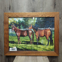 2 Horse Puzzle Pictures, Hvy Wood Frame *vgc, loose back, wavy pieces, mnr chips
