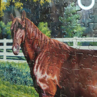 2 Horse Puzzle Pictures, Hvy Wood Frame *vgc, loose back, wavy pieces, mnr chips
