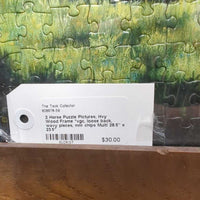 2 Horse Puzzle Pictures, Hvy Wood Frame *vgc, loose back, wavy pieces, mnr chips
