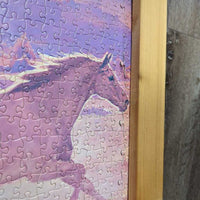 4 Running Horses Puzzle, Thick Wood Frame *gc, loose tape backing & puzzle pieces
