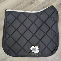 Thick Quilt Dressage Saddle Pad, piping. cut tabs *gc, older, stains, dingy?discolored, clean, mnr hairy, cut tabs
