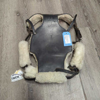 Leather-Sheepskin Face Guard, 3 fleece cvrs *vgc, older, clumpy, mnr dirt, hair, stains, rubs, scuffs
