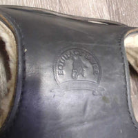 Leather-Sheepskin Face Guard, 3 fleece cvrs *vgc, older, clumpy, mnr dirt, hair, stains, rubs, scuffs
