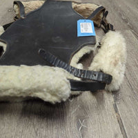 Leather-Sheepskin Face Guard, 3 fleece cvrs *vgc, older, clumpy, mnr dirt, hair, stains, rubs, scuffs
