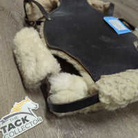 Leather-Sheepskin Face Guard, 3 fleece cvrs *vgc, older, clumpy, mnr dirt, hair, stains, rubs, scuffs
