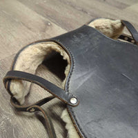 Leather-Sheepskin Face Guard, 3 fleece cvrs *vgc, older, clumpy, mnr dirt, hair, stains, rubs, scuffs
