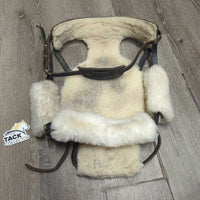 Leather-Sheepskin Face Guard, 3 fleece cvrs *vgc, older, clumpy, mnr dirt, hair, stains, rubs, scuffs
