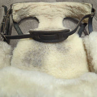 Leather-Sheepskin Face Guard, 3 fleece cvrs *vgc, older, clumpy, mnr dirt, hair, stains, rubs, scuffs
