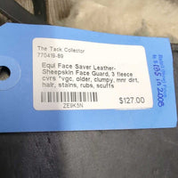 Leather-Sheepskin Face Guard, 3 fleece cvrs *vgc, older, clumpy, mnr dirt, hair, stains, rubs, scuffs
