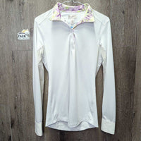 LS Show Sun Shirt, 1/3 Snap Collar, Mesh Sleeves *vgc/gc, v.bubbled collar, crinkled & stained cuffs
