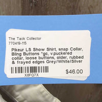 LS Show Shirt, snap Collar, Bling Buttons *gc, v.puckered collar, loose buttons, older, rubbed & frayed edges
